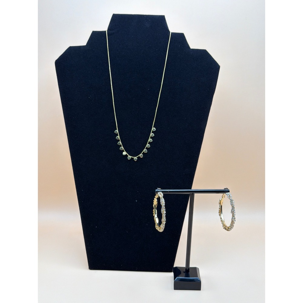 Gold Tone Rhinestone Hoop Earrings and Circle Charm Necklace Jewelry Set